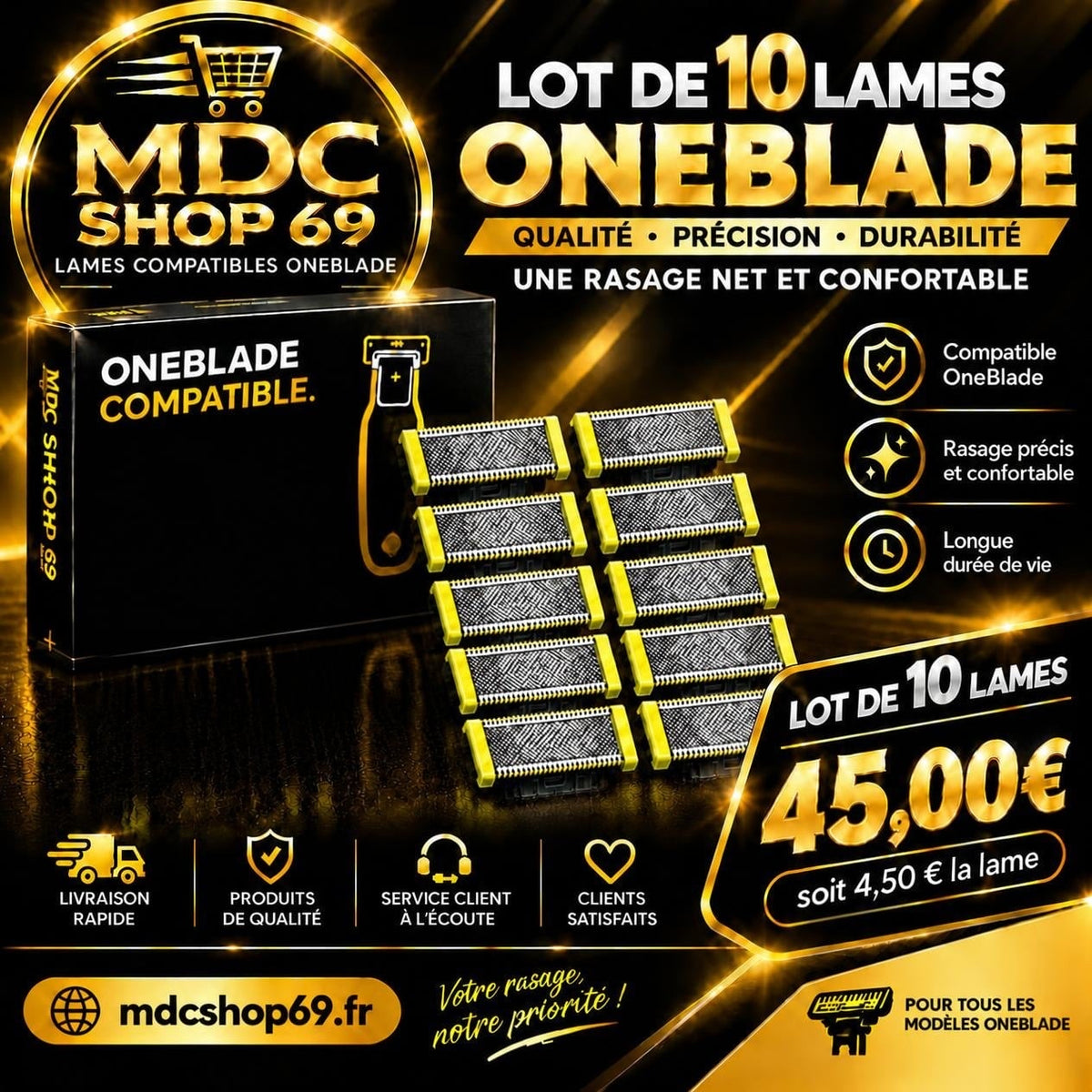 Lot de 10 Lames de Rasoir Compatibles OneBlade – Lames de Rechange