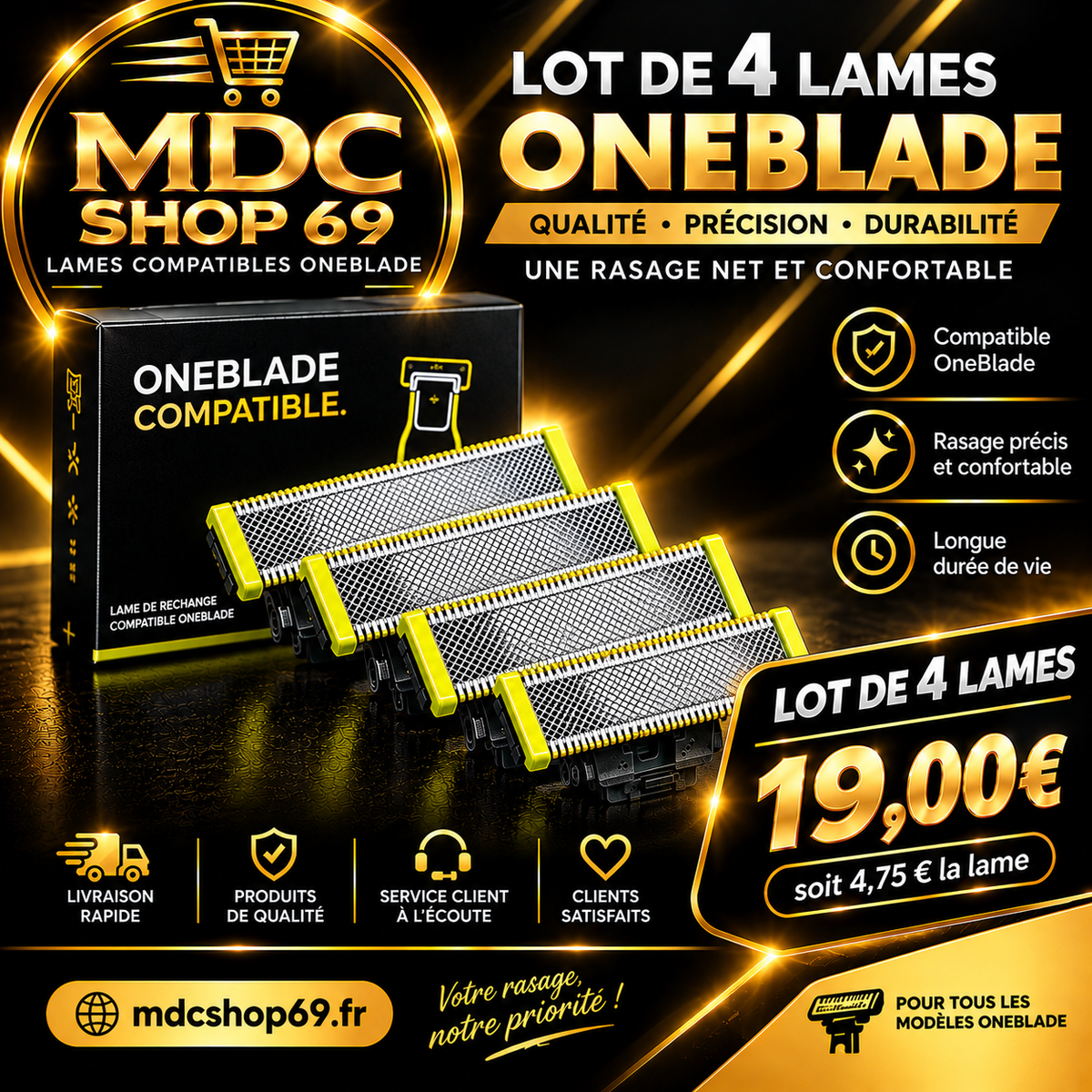 Lot de 4 Lames de Rasoir Compatibles OneBlade – Lames de Rechange