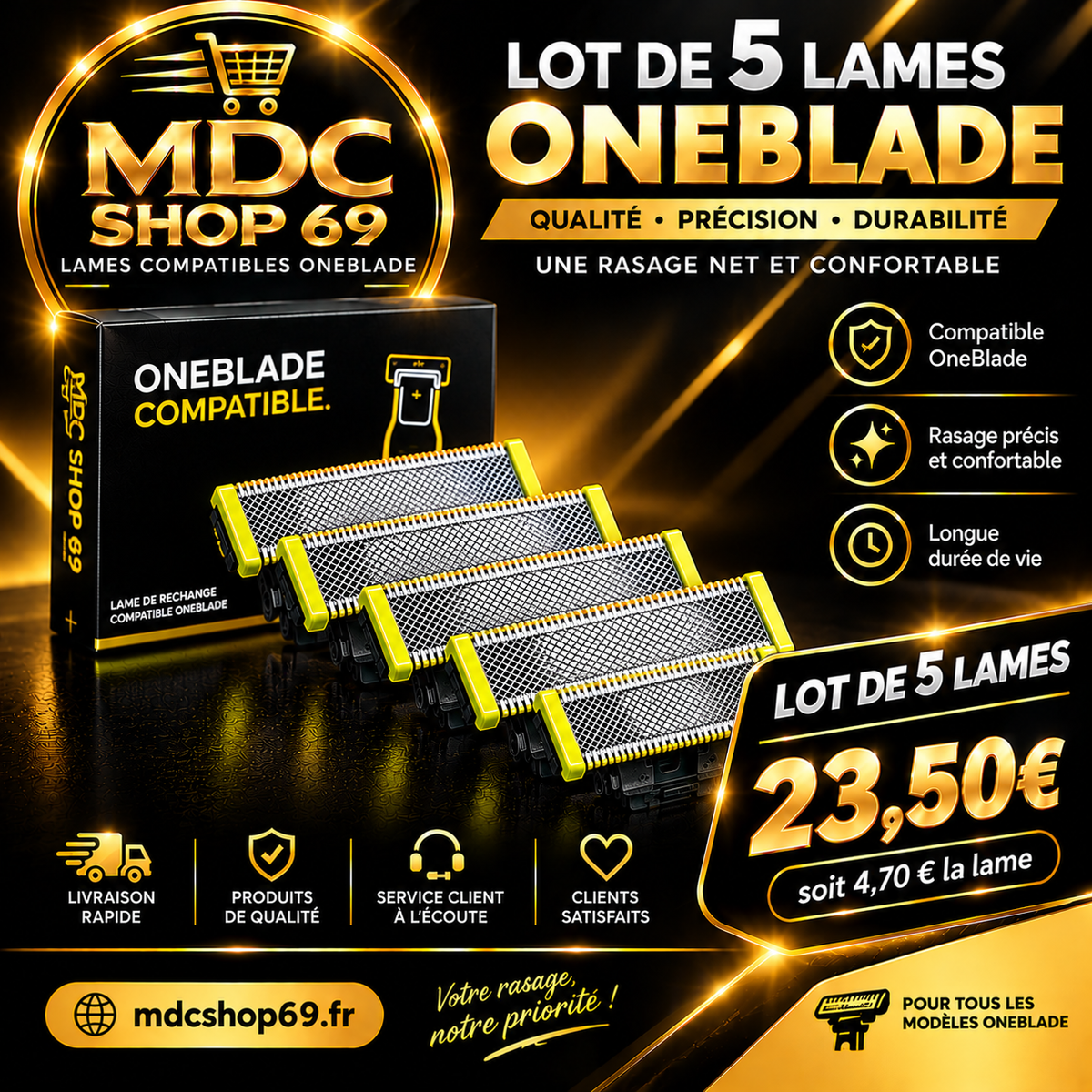 Lot de 5 Lames de Rasoir Compatibles OneBlade – Lames de Rechange