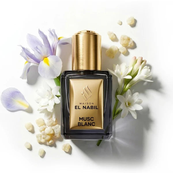 Maison El Nabil Musc Blanc - Flacon avec fleurs blanches et iris