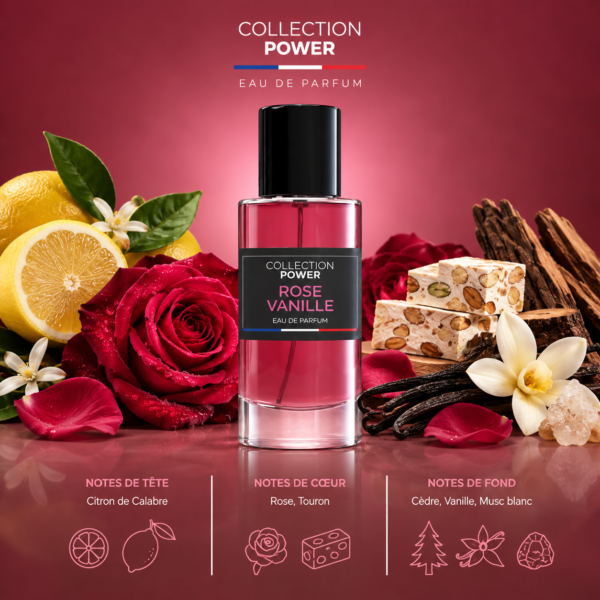ROSE VANILLE Collection Power – Pyramide olfactive fond bordeaux
